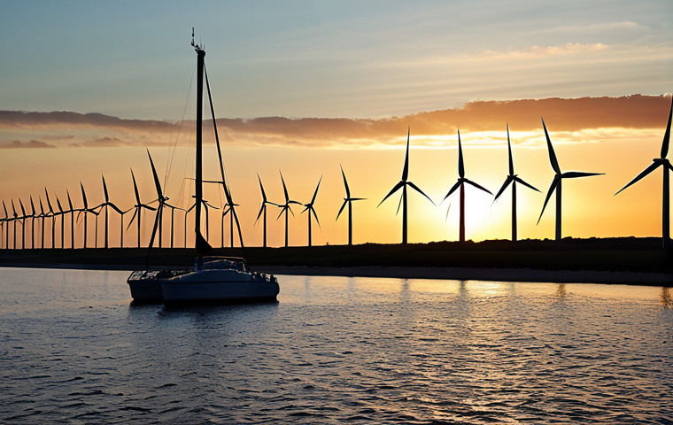 **Image:** A sprawling wind farm along the Polish Baltic coast at sunset, with the silhouette of Gdańsk in the distance. Sailboats should be in the foreground, highlighting the integration of traditional maritime activities with modern green energy.