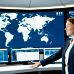 A professional strategist, fully clothed in a modest business suit, standing in a brightly lit, modern operations room. In the background, large digital screens display intricate logistical supply routes and interconnected alliance maps, emphasizing global cooperation. The atmosphere is one of focused collaboration and strategic planning. The image features perfect anatomy, correct proportions, natural pose, well-formed hands, and proper finger count. Professional photography, high quality, safe for work, appropriate content, family-friendly.