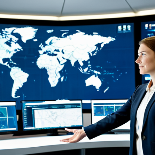 Home 7 A professional strategist, fully clothed in a modest business suit, standing in a brightly lit, modern operations room. In the background, large digital screens display intricate logistical supply routes and interconnected alliance maps, emphasizing global cooperation. The atmosphere is one of focused collaboration and strategic planning. The image features perfect anatomy, correct proportions, natural pose, well-formed hands, and proper finger count. Professional photography, high quality, safe for work, appropriate content, family-friendly.