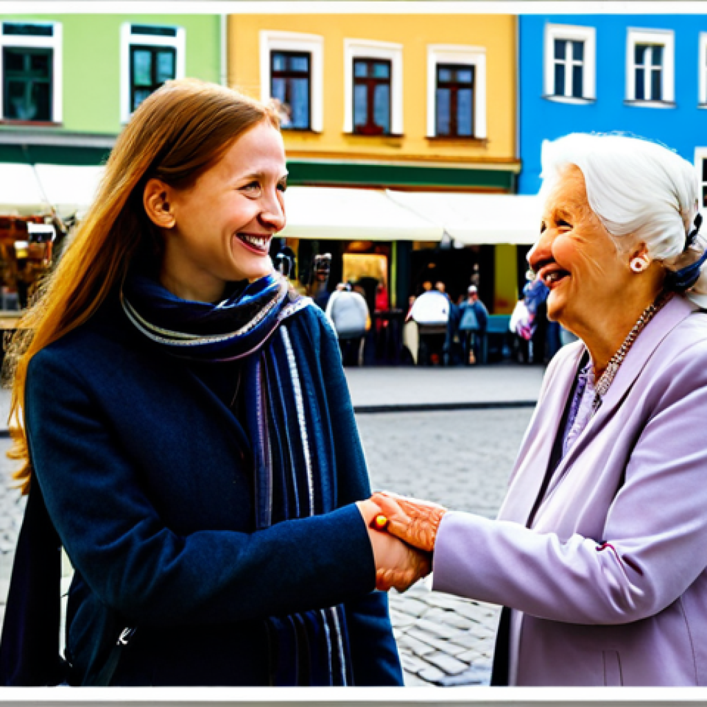 Greetings in Kraków**

A friendly tourist, fully clothed in modest, travel-appropriate attire, attempting to say "Dzień dobry" to a smiling older woman in Kraków's main square. The background features colorful buildings and a lively market scene. Include the text "Dzień dobry" subtly in the image, perhaps on a shop sign. Perfect anatomy, correct proportions, natural pose, well-formed hands, proper finger count. Safe for work, appropriate content, fully clothed, family-friendly, professional photography, high quality.

**