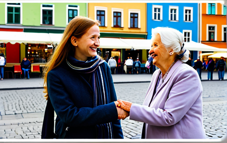 Greetings in Kraków**

A friendly tourist, fully clothed in modest, travel-appropriate attire, attempting to say "Dzień dobry" to a smiling older woman in Kraków's main square. The background features colorful buildings and a lively market scene. Include the text "Dzień dobry" subtly in the image, perhaps on a shop sign. Perfect anatomy, correct proportions, natural pose, well-formed hands, proper finger count. Safe for work, appropriate content, fully clothed, family-friendly, professional photography, high quality.

**