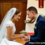 폴란드 전통 결혼식 - **Prompt:** "A heartfelt Polish parental blessing ceremony. A young bride in a beautiful, traditiona...