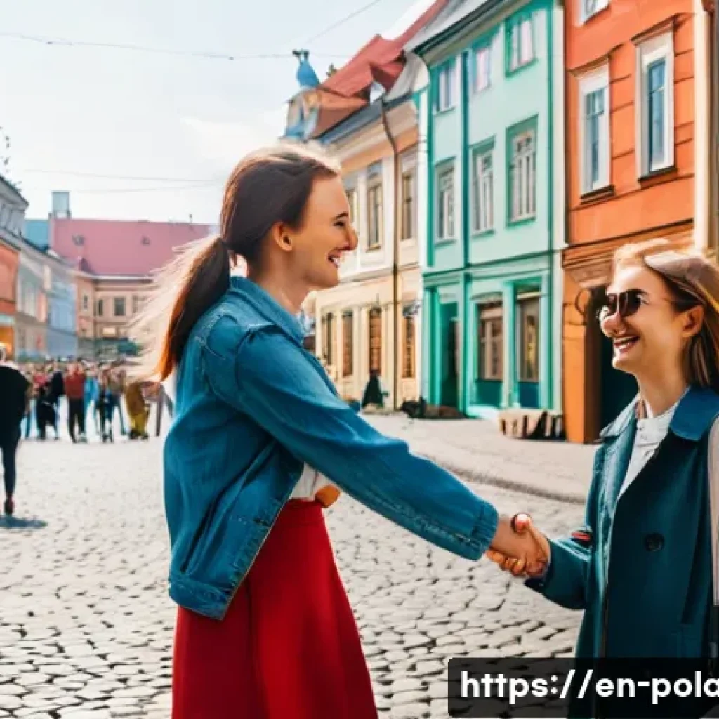 폴란드어 인사말 모음 - A lively street scene in a Polish city during daytime, featuring two young adults greeting each othe...
