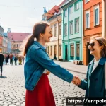 폴란드어 인사말 모음 - A lively street scene in a Polish city during daytime, featuring two young adults greeting each othe...