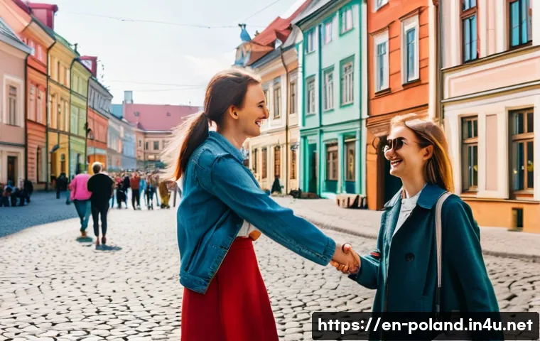 폴란드어 인사말 모음 - A lively street scene in a Polish city during daytime, featuring two young adults greeting each othe...