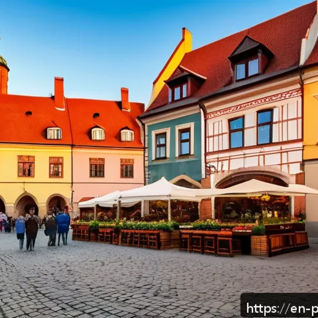 폴란드 도보 여행 추천 루트 - A charming medieval Polish town square at sunset, featuring cobblestone streets lined with colorful ...