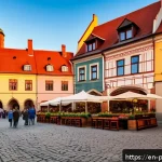 폴란드 도보 여행 추천 루트 - A charming medieval Polish town square at sunset, featuring cobblestone streets lined with colorful ...