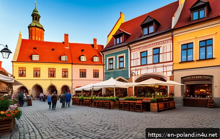 폴란드 도보 여행 추천 루트 - A charming medieval Polish town square at sunset, featuring cobblestone streets lined with colorful ...