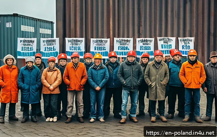 폴란드에서 유명한 사건 - A vivid scene depicting shipyard workers in 1980s Gdańsk during a peaceful strike, dressed in rugged...