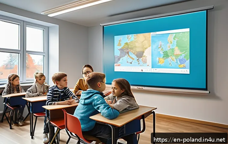 폴란드의 교육 제도 - A bright and modern Polish classroom blending tradition and technology: students seated at desks wit...