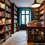폴란드의 출판 시장 - A cozy, warmly lit Polish bookstore interior blending old-world charm with modern technology: wooden...