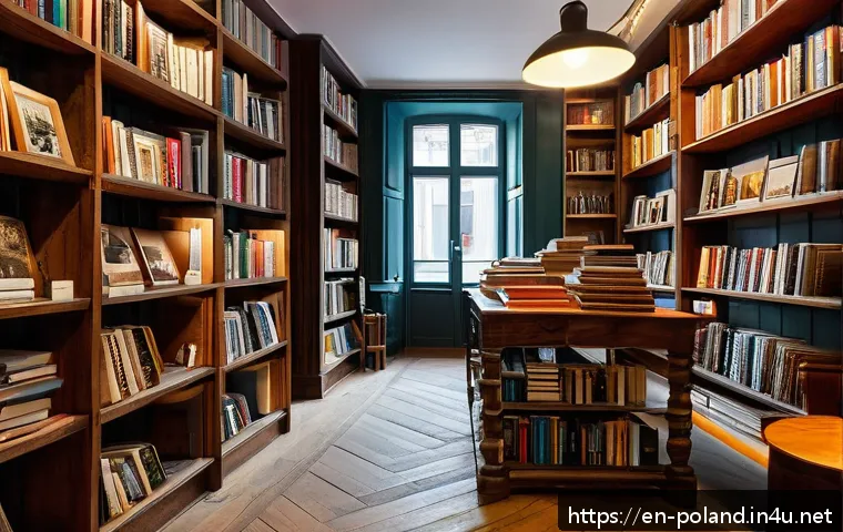 폴란드의 출판 시장 - A cozy, warmly lit Polish bookstore interior blending old-world charm with modern technology: wooden...