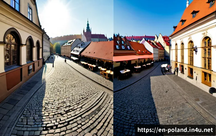 폴란드와 체코 여행 비교 - Photorealistic split-view travel comparison, left side Poland with colorful historic Krakow town squ...