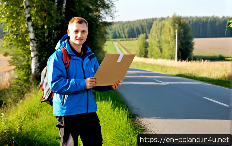 Home 17 폴란드에서 히치하이킹 가능 여부 - Photorealistic travel safety scene in rural Poland, a fully clothed adult backpacker in a bright wat...