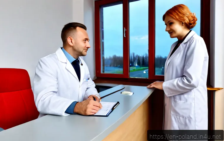 폴란드 의료 시스템 - Photorealistic modern public healthcare clinic in Poland, welcoming Polish doctor in a white coat co...