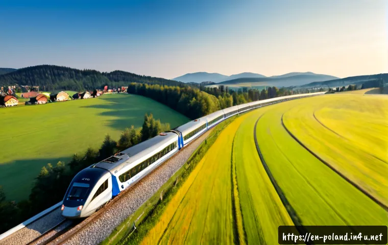 폴란드에서 기차 여행 루트 - Photorealistic wide view of a modern intercity train curving through the green Polish countryside be...